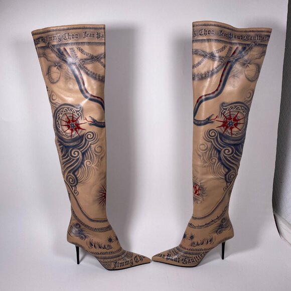 Jimmy Choo x Jean Paul Gaultier Tan Leather 'Tattoo' Over the knee Boots - Picture 2 of 10